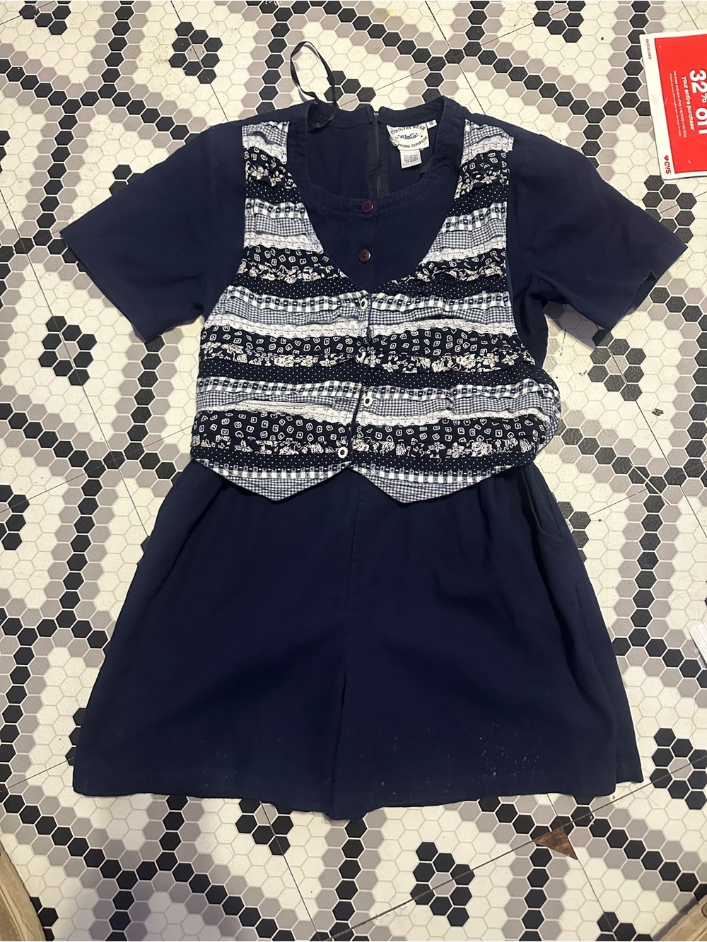 Unbranded Navy Short-Sleeve Romper with Patterned Vest